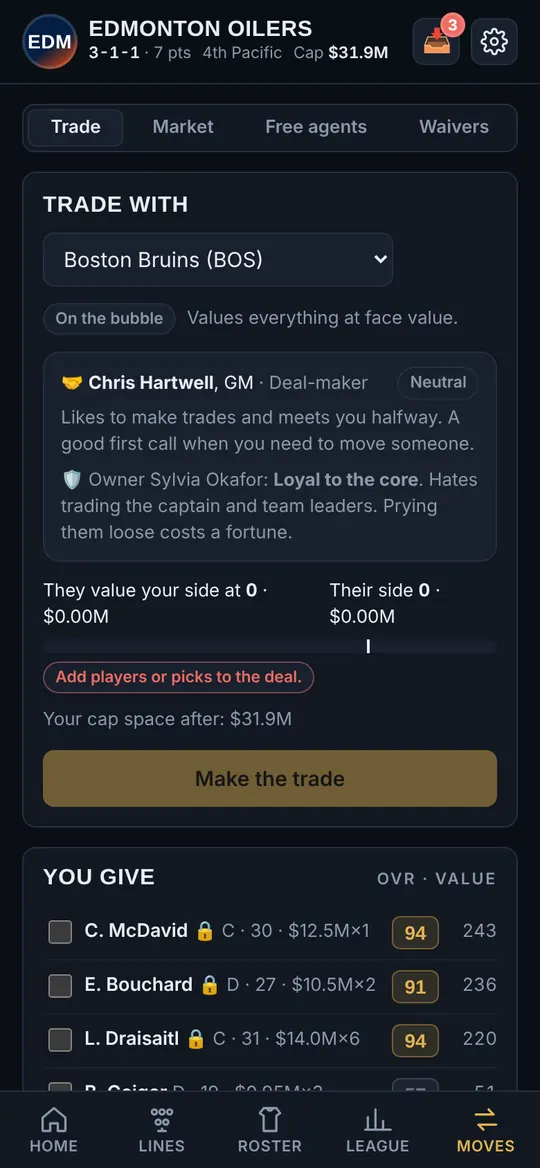 The trade screen with a rival GM's profile and asset values